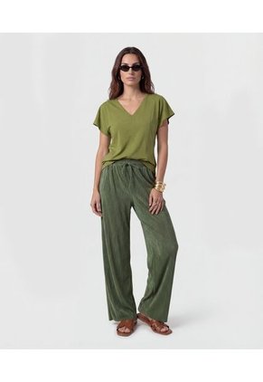 Pantalón Wide Leg Plisado Para Mujer Verde Patprimo