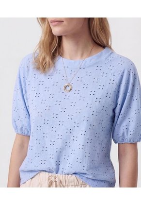 Camiseta Manga Globo Con Ojalillo   Para Mujer Azul Patprimo