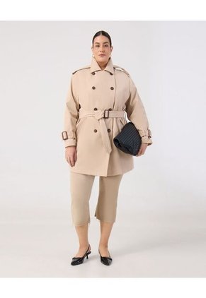 Trench Coat Con Cinturón Y Charreteras Curvy Para Mujer Beige Patprimo