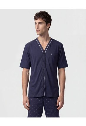 Pijama Corta Abotonada Estampada Para Hombre Azul Patprimo