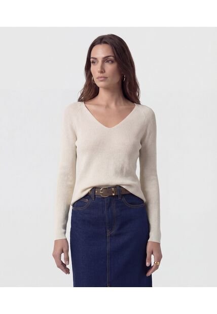 Saco De Punto Cuello En V   Para Mujer Crema Patprimo
