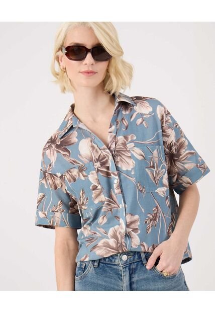 Camisa Manga Corta Con Bolsillo  Para Mujer Azul Patprimo
