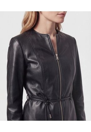 Chaqueta Textura Cuero Cinturón   Para Mujer Negro Patprimo