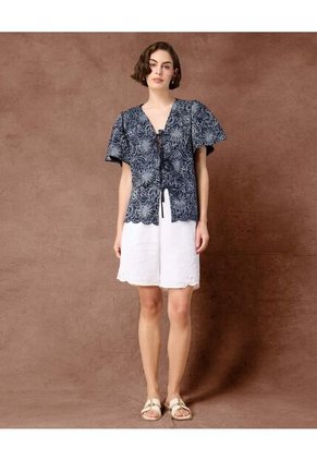 Blusa Con Escote V Y Cierre De Lazos   Para Mujer Azul Patprimo