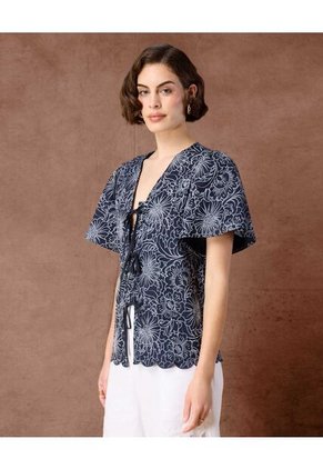 Blusa Con Escote V Y Cierre De Lazos   Para Mujer Azul Patprimo