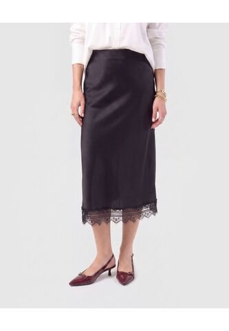 Falda Mujer Midi Unicolor Detalle Encaje  Para Mujer Negro Patprimo Patprimo
