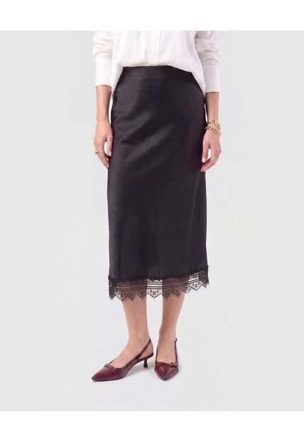 Falda Mujer Midi Unicolor Detalle Encaje  Para Mujer Negro Patprimo
