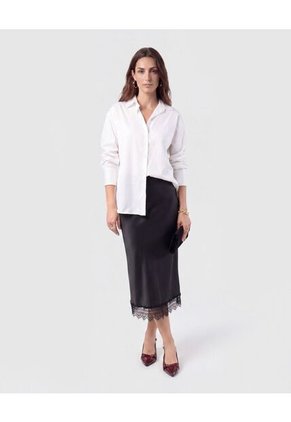 Falda Mujer Midi Unicolor Detalle Encaje  Para Mujer Negro Patprimo