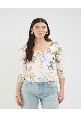 Camiseta Para Mujer Manga 3/4 Cuello Redondo Color Crema Marca Patprimo #30093620 Patprimo