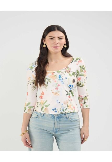 Camiseta Para Mujer Manga 3/4 Cuello Redondo Color Crema Marca Patprimo #30093620