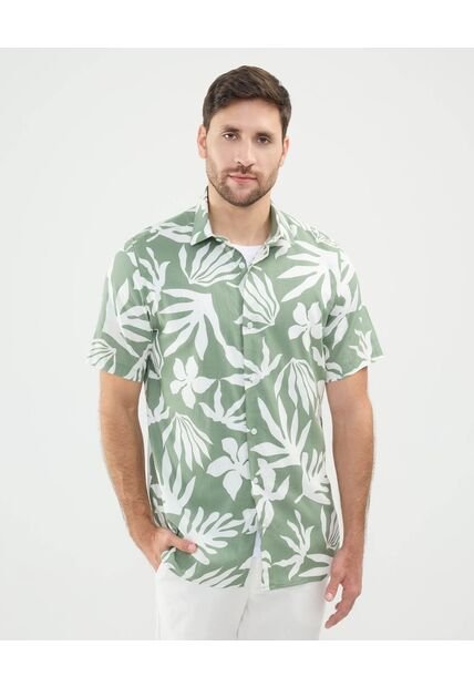 Camisa Estampada En Efecto Lino  Para Hombre Verde Patprimo