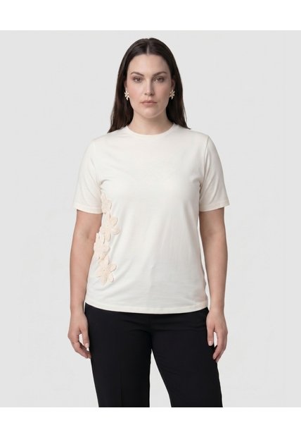 Camiseta Cuello Redondo Apliques Mujer Curvy  Para Mujer Crema Patprimo