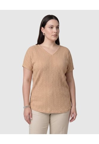 Camiseta Cuello V Textura Mujer Curvy  Para Mujer Beige Patprimo Patprimo