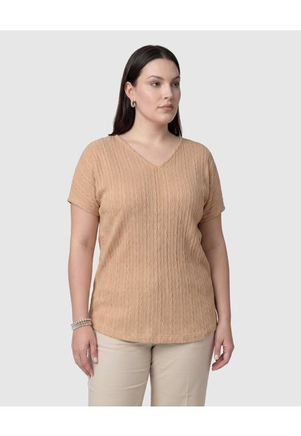 Camiseta Cuello V Textura Mujer Curvy  Para Mujer Beige Patprimo