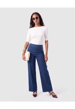 Pantalón Wide Leg Con Botones Mujer  Para Mujer Azul Patprimo