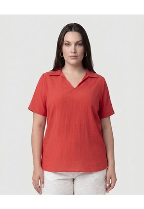 Blusa Texturizada Con Cuello Camisero Mujer Curvy Para Mujer Rojo Patprimo