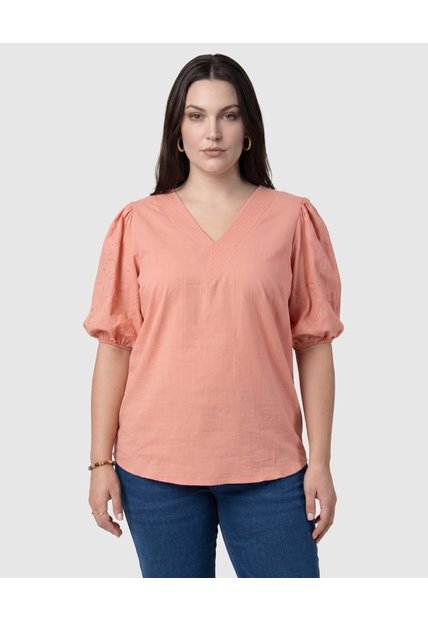 Blusa Cuello V Mangas Bordadas Mujer Curvy  Para Mujer Rosa Patprimo
