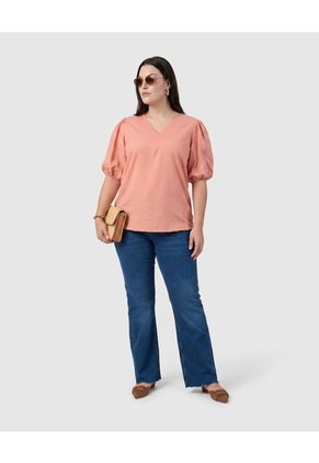 Blusa Cuello V Mangas Bordadas Mujer Curvy  Para Mujer Rosa Patprimo