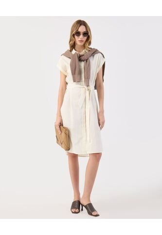 Vestido Corto Lino  Camisero Con Cinturón  Para Mujer Crema Patprimo Patprimo
