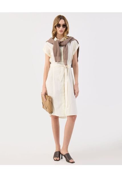 Vestido Corto Lino  Camisero Con Cinturón  Para Mujer Crema Patprimo