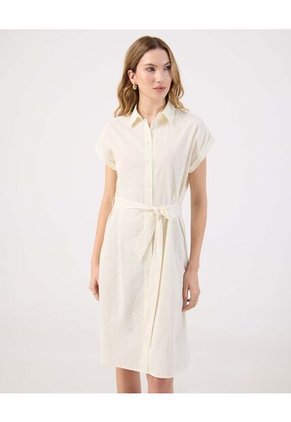 Vestido Corto Lino  Camisero Con Cinturón  Para Mujer Crema Patprimo