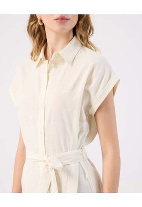 Vestido Corto Lino  Camisero Con Cinturón  Para Mujer Crema Patprimo