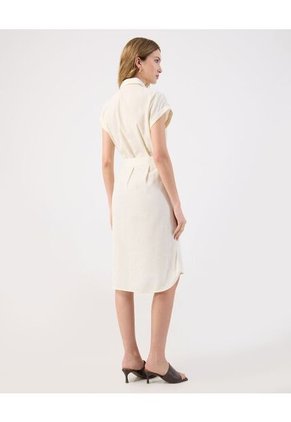 Vestido Corto Lino  Camisero Con Cinturón  Para Mujer Crema Patprimo