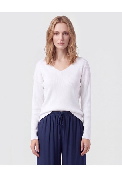 Saco Tejido En Rib Con Cuello En V Para Mujer  Para Mujer Blanco Patprimo
