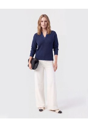 Saco Tejido Cuello Polo Con Escote En V Para Mujer Azul Patprimo