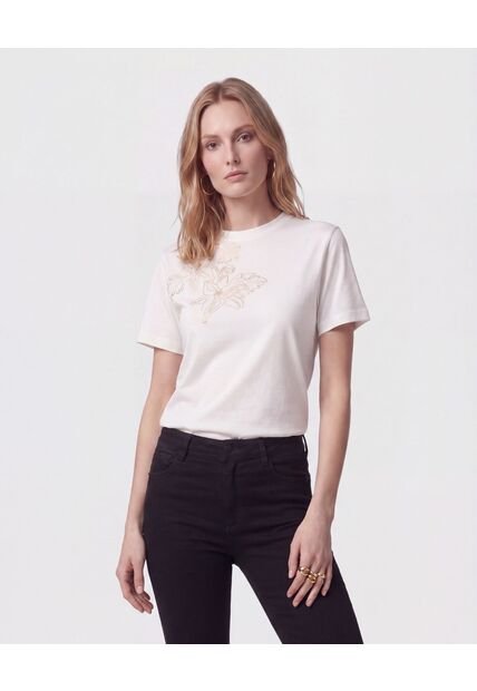 Camiseta Con Bordado Floral Para Mujer  Para Mujer Crema Patprimo