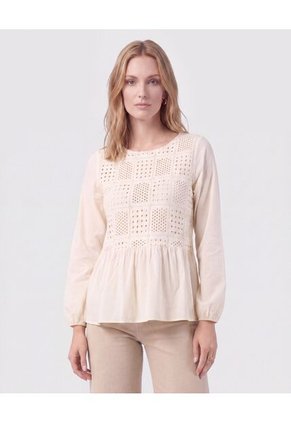 Blusa Unicolor Con Pechera Calada Mujer Para Mujer Crema Patprimo