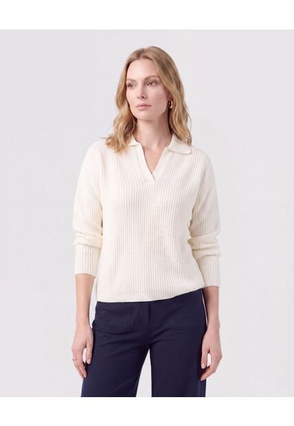 Saco Tejido Cuello Polo Con Escote En V  Para Mujer Blanco Patprimo