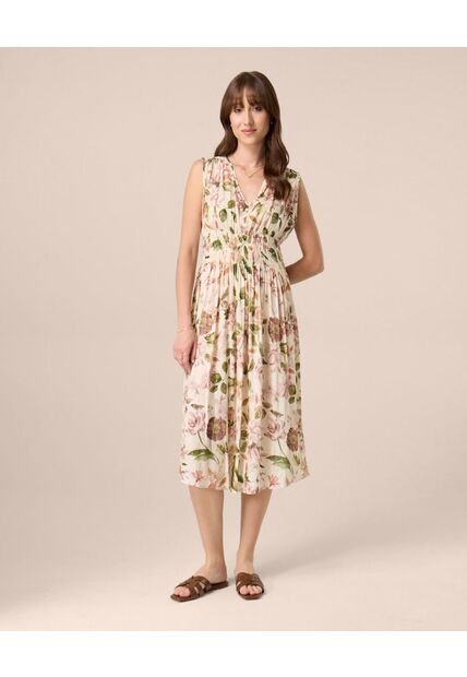 Vestido Midi Con Cintura Nido De Abeja Para Mujer  Para Mujer Crema Patprimo
