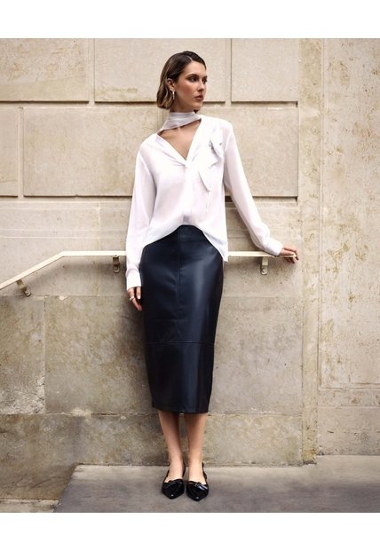 Falda Midi En Efecto Cuero  Para Mujer Negro Patprimo