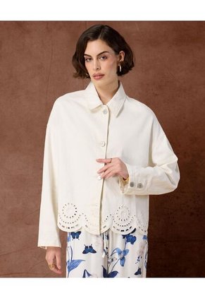 Chaqueta Con Bordado Suizo En Bajo   Para Mujer Blanco Patprimo