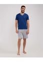 Pijama Manga Corta, Camiseta Cuello V Con Bies En Contraste En Cuello Pantaloneta Unicolor  Para Hombre Azul Patprimo de Patprimo