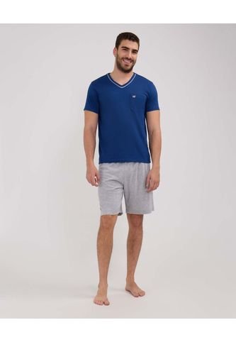 Pijama Manga Corta, Camiseta Cuello V Con Bies En Contraste En Cuello Pantaloneta Unicolor  Para Hombre Azul Patprimo Patprimo