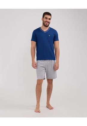 Pijama Manga Corta, Camiseta Cuello V Con Bies En Contraste En Cuello Pantaloneta Unicolor Para Hombre Azul Patprimo