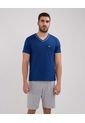 Pijama Manga Corta, Camiseta Cuello V Con Bies En Contraste En Cuello Pantaloneta Unicolor  Para Hombre Azul Patprimo de Patprimo