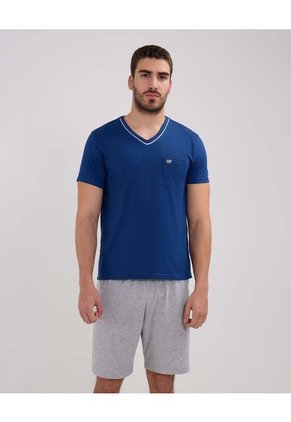 Pijama Manga Corta, Camiseta Cuello V Con Bies En Contraste En Cuello Pantaloneta Unicolor Para Hombre Azul Patprimo