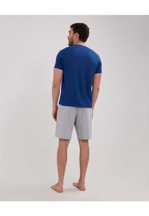 Pijama Manga Corta, Camiseta Cuello V Con Bies En Contraste En Cuello Pantaloneta Unicolor Para Hombre Azul Patprimo