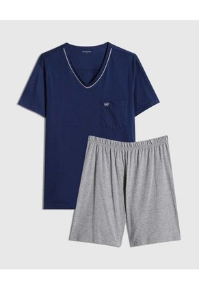 Pijama Manga Corta, Camiseta Cuello V Con Bies En Contraste En Cuello Pantaloneta Unicolor Para Hombre Azul Patprimo