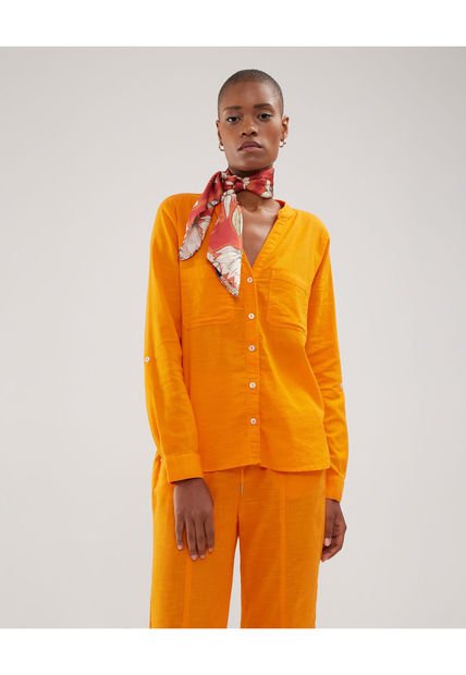Blusa Manga Larga Unicolor En Lino  Para Mujer Naranja Patprimo