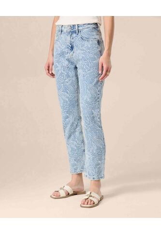 Jeans Straight Con Bordado Floral Para Mujer  Para Mujer Azul Patprimo Patprimo