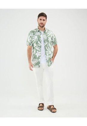 Camisa Estampada En Efecto Lino  Para Hombre Verde Patprimo