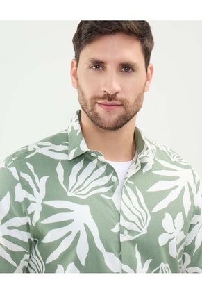 Camisa Estampada En Efecto Lino  Para Hombre Verde Patprimo