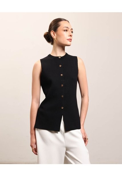 Chaleco Tejido Con Botones Para Mujer  Para Mujer Negro Patprimo