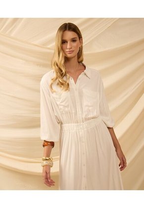 Vestido Largo Camisero Con Bolsillos   Para Mujer Crema Patprimo