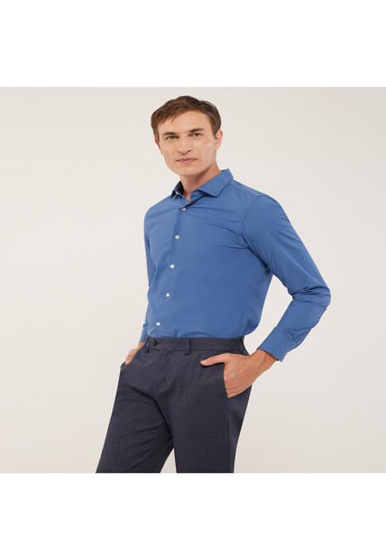 Camisa Para Hombre Manga Larga Sin Bolsillo Cuello Italiano Color Indigo Marca Patprimo #44012582
