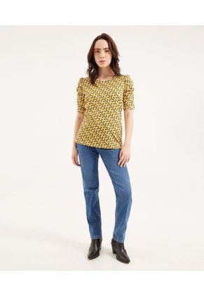 Camiseta Estampada Manga Corta Con Ruche  Para Mujer Amarillo Patprimo